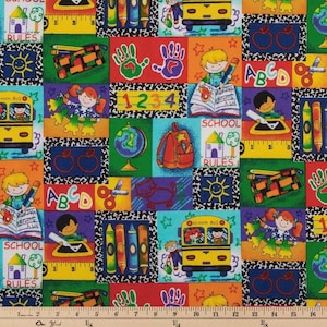 May include: Colorful school-themed fabric with repeating patterns. The design includes school buses, children, apples, pencils, rulers, and the text "SCHOOL RULES". The fabric has a black and white spotted border.