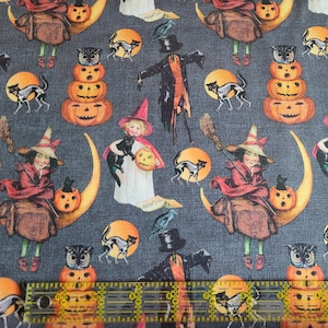 Cats And Treats Halloween Fabric CP79462 by Kate Ward Thacker fpor Springs Creative vintage-look muted grayish background 100% Cotton Fabric