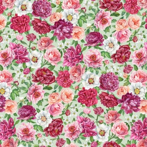 May include: A seamless pattern of watercolor peonies and other flowers in shades of pink, red, and white, set against a light green background. The floral design includes various sizes of blooms and green leaves.