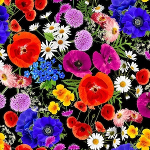 May include: A vibrant floral pattern featuring a variety of colorful flowers on a black background. The design includes red poppies, blue anemones, white daisies, and purple alliums. The arrangement creates a lively and eye-catching design.