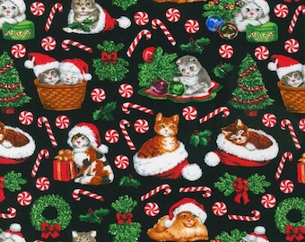 Robert Kaufman Happy Kittens On Black Christmas Cotton Fabric 100% cotton