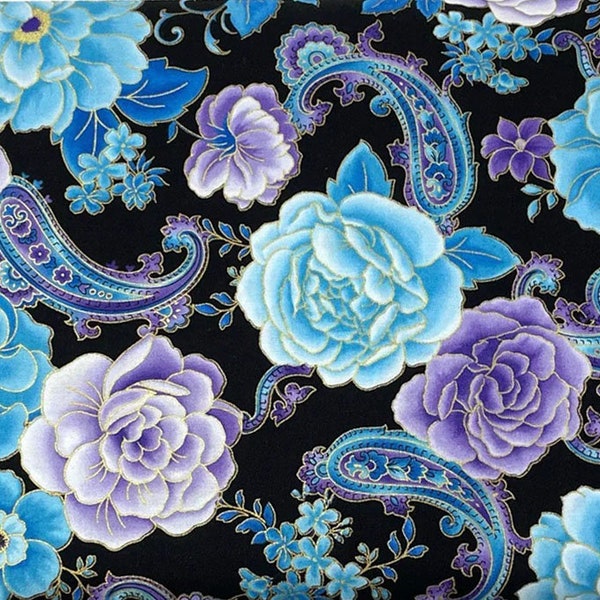 Blue Metallic Multi Floral Paisley Cotton quilting apparel  Fabric 100% Cotton fabric by the yard