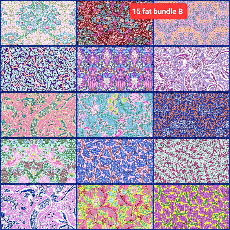 Puede incluir: Un conjunto de 15 paquetes de tela de tama&ntilde;o "fat quarter" con una variedad de patrones florales y de hojas en tonos de rosa, azul, verde y morado. El conjunto est&aacute; etiquetado como "15 fat bundle B".