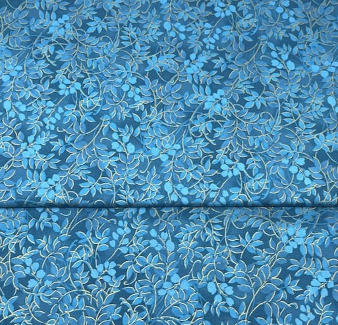 Blue Aqua Gold Metallic Gold Leaf Fabric Floral Apparel Quilting 100
