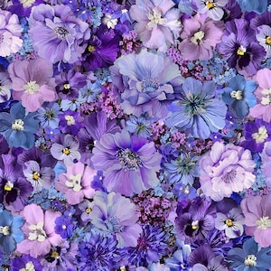 May include: A vibrant floral pattern featuring a dense arrangement of purple and blue flowers. The design includes various flower types, with shades ranging from light lavender to deep violet, creating a rich, textured visual effect. The image is a close-up of the flowers.