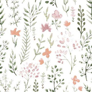 May include: Watercolor floral pattern featuring a variety of delicate flowers and foliage in shades of peach, pink, and green. The design includes detailed leaves and blossoms, creating a soft, natural aesthetic on a white background.