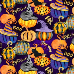 May include: A purple background with a repeating pattern of pumpkins, witches hats, and black cats. The pumpkins are decorated with polka dots, stripes, and diamonds. The text "Boo", "Bewitched", "Peek", and "Spooky" is scattered throughout the pattern.