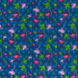 May include: A blue background with a repeating pattern of pink flamingos and green palm trees.