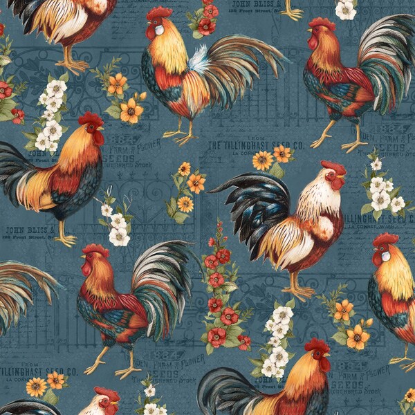 Garden Gate Roosters by Susan Winget Cream  Teal Large All Over # 39812-421  From Wilmington Prints 100% cotton fabric