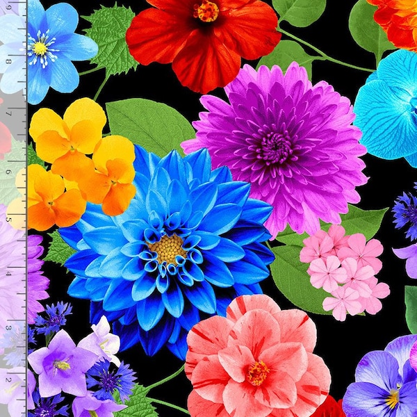Timeless treasures Garden Bouquet collection variety of vibrant florals flora-cd1189  black 100%  Cotton fabric