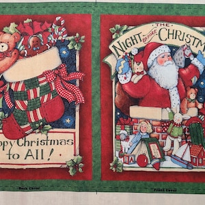 May include: Christmas-themed fabric panel featuring two rectangular designs. One shows a stocking filled with toys, the other depicts Santa Claus. Text includes "Happy Christmas to All!" and "Night Before Christmas."