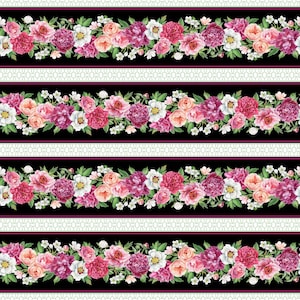 May include: A seamless pattern of pink, white, and peach flowers with green leaves on a black background. The flowers are arranged in horizontal rows with a white and green geometric pattern above and below each row.