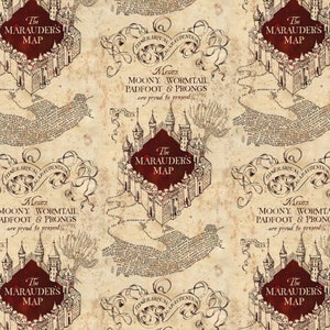 May include: A vintage-style fabric featuring a repeating pattern of the Marauder's Map from the Harry Potter series. The map is illustrated in brown and red ink on a parchment-like background. The text on the map reads "The Marauder's Map" and "Messrs Moony, Wormtail, Padfoot & Prongs are proud to present."