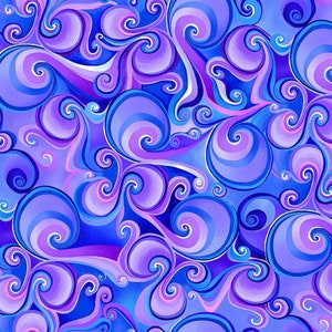 May include: Abstract pattern featuring swirling, stylized shapes in shades of blue, purple, and pink. The design has a retro, psychedelic feel, with layered, gradient effects creating depth and movement. The repeating pattern is suitable for various applications.