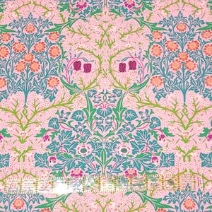 May include: A pink fabric with a repeating pattern of teal, green, and orange flowers. The pattern is reminiscent of a traditional floral design.