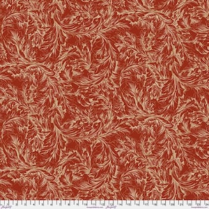 May include: Red fabric with a white swirling floral pattern. The pattern resembles a stylized fern or leaf design.