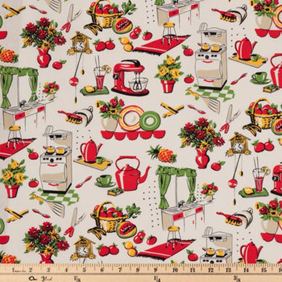 Michael Miller Fifties Kitchen Retro 50's Kitchen Appliances on Cream  Novelty Fabric100% Cotton Sold by the Yard 