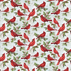 Cardinals on Script, Music Christmas  Cotton Fabric fat quarter half yard one yard