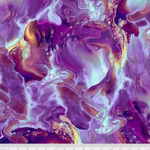 May include: Abstract purple, blue, and gold swirl pattern fabric. The fabric has a fluid, marbled look. The fabric is printed with the text "FLU2 4310 C".