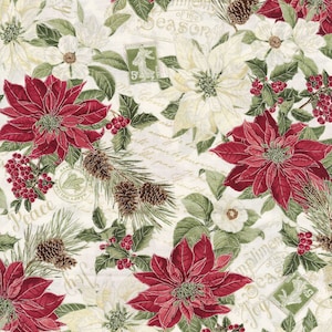 Hi Fashion Merry Poinsettia White Metallic Christmas Cotton Fabric from Timeless Treasures 100% Cotton