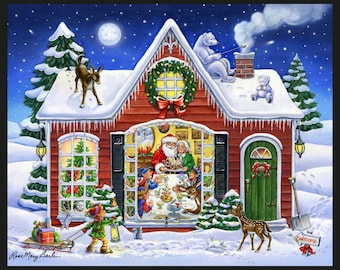 Panneau Maison du Père Noël 36 x 44 po avec coordonnées Tissu de Noël 100 % coton