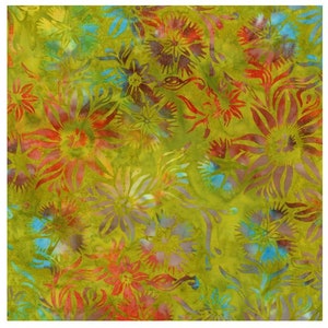 May include: A green fabric with a floral pattern. The flowers are in shades of red, orange, blue, and purple. The fabric has a batik style.
