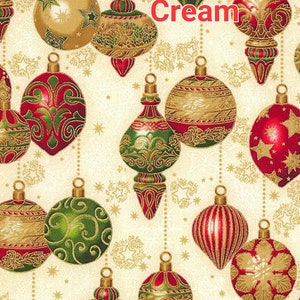 Robert Kaufman decorative ornaments on Cream white blue Metallic Christmas Cotton Fabric 100% Cotton sold by half yard by the yard image 6