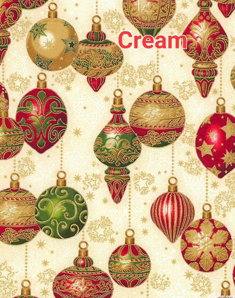 Robert Kaufman decorative ornaments on Cream white blue Metallic Christmas Cotton Fabric 100% Cotton sold by half yard by the yard image 6