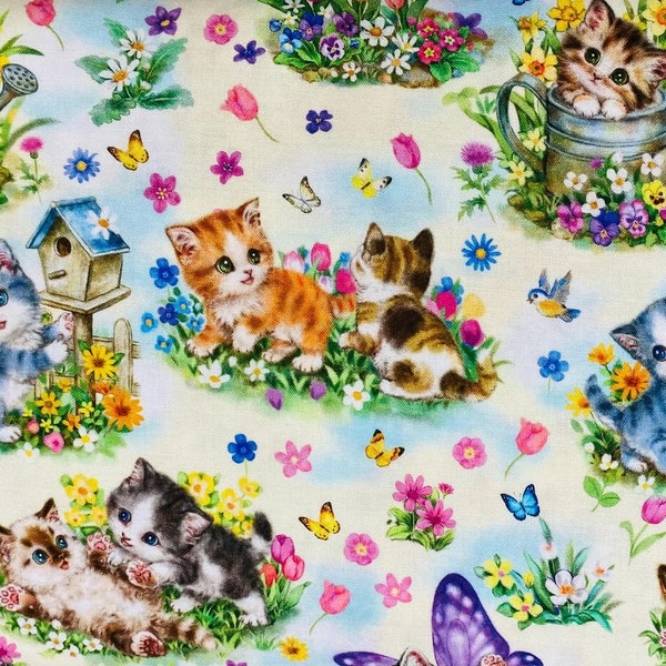 Kittens & Butterflies Cotton Calico Fabric Daydream kitties 100% cotton