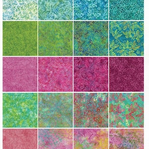 May include: A collection of fabric swatches featuring various floral and leaf patterns. The color palette includes shades of green, blue, pink, and purple. Each square showcases a unique design, offering a diverse range of textures and styles for crafting and design projects.