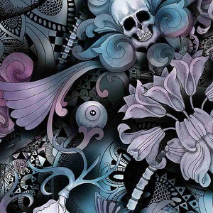 Timeless Treasures skull floral butterfly tattoo print FUN-C8707 100% cotton fabric