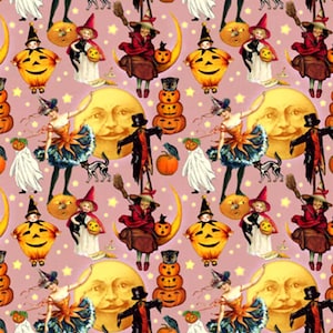 May include: A pink background with a repeating pattern of Halloween characters and objects.  There are witches, ghosts, pumpkins, and a crescent moon with a face.  The characters are dressed in costumes and holding various Halloween props.