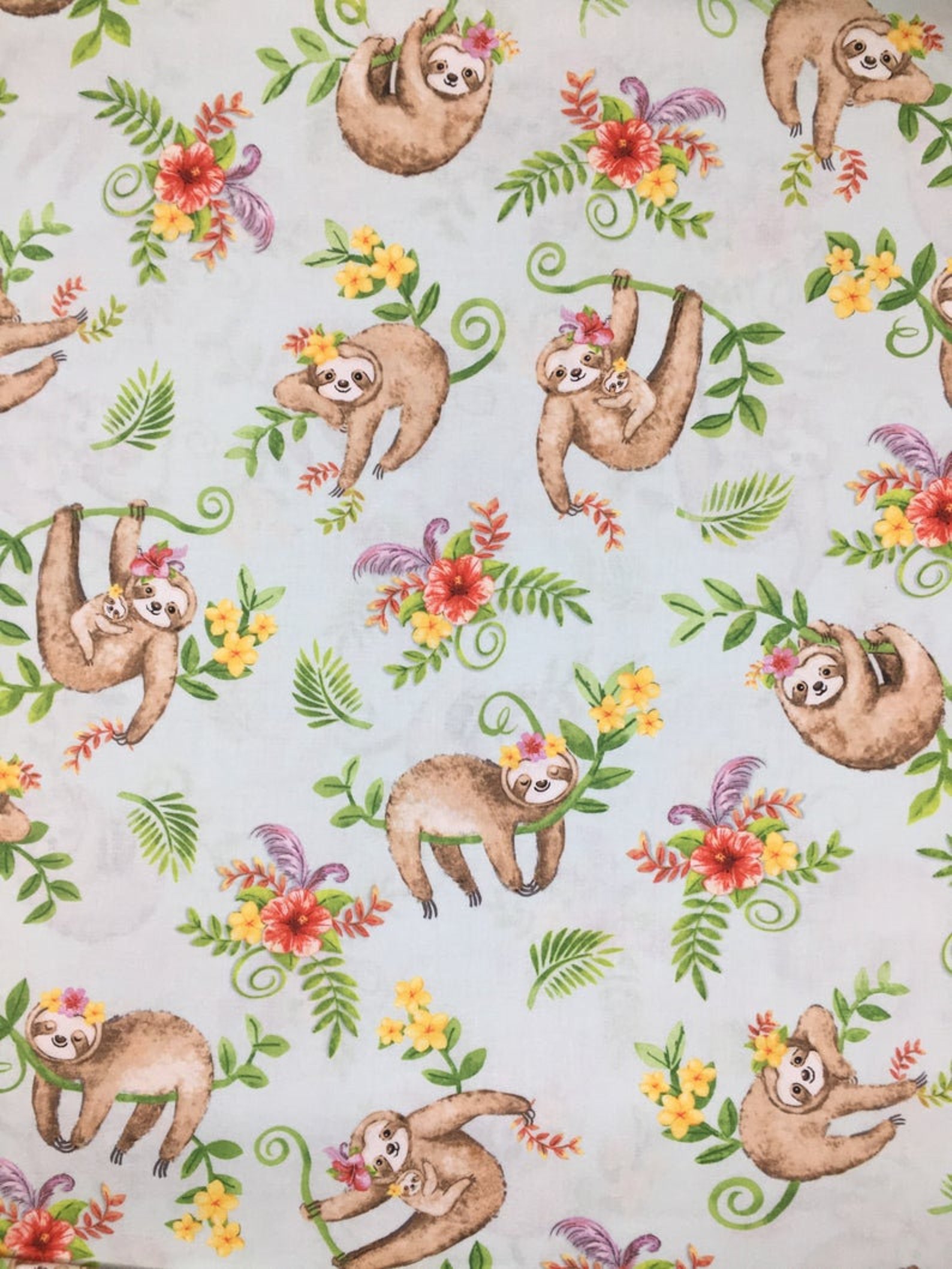 Tropical Sloth Fabric Sloths and Flowers100% Cotton Fabric - Etsy