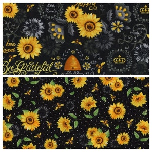 Sunflowers Bees Speckled Black Premium Cotton fabric from Hi Fashion Bee happy grateful sweet bee 100% Cotton by the Yard