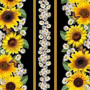 May include: A black background with three vertical stripes of yellow.  Each stripe is lined with white daisies and yellow sunflowers with butterfly accents.