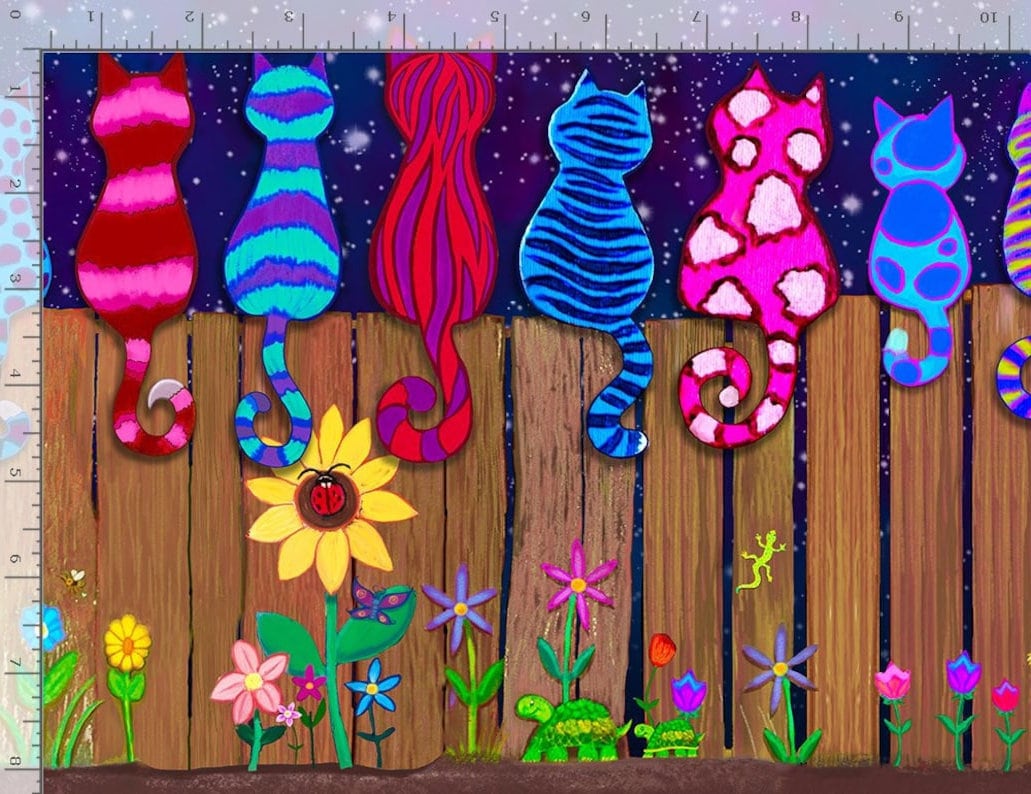 Timeless Treasures Colorful Cats on a Fence 11