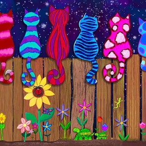Timeless Treasures colorful Cats on a Fence 11" Stripe Nick-CD1486 multi 100% Cotton fabric