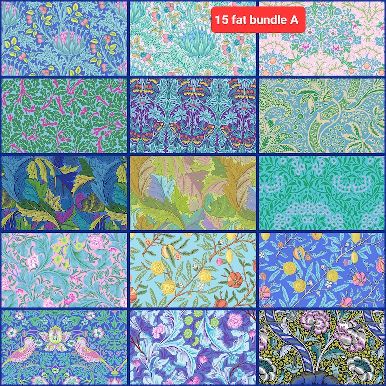 Puede incluir: Un collage de 15 cuadrados de tela con varios patrones florales y geom&eacute;tricos en tonos de azul, verde, rosa y amarillo. El texto "15 fat bundle A" se muestra en la parte superior de la imagen.