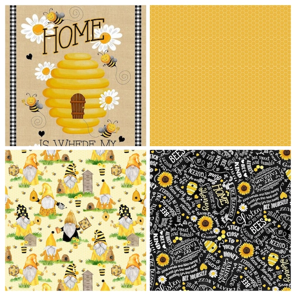 Home is Where My Honey is by Timeless Treasures Beekeeper gnomes Bee hive sweet home honeycombs motivational bee quotes 100% Cotton fabric