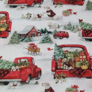 Susan Winget Springs Creative Dogs & Trucks on White Christmas Cotton Fabric 100% Cotton fabric