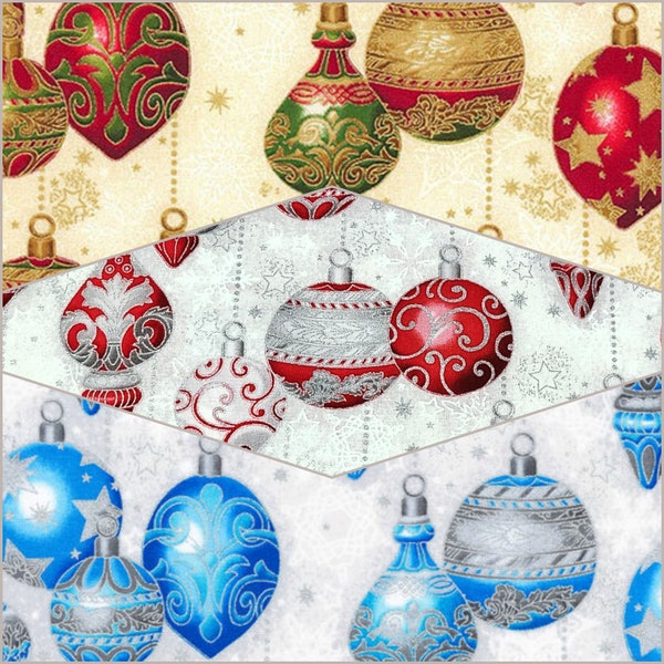 Robert Kaufman decorative ornaments on Cream white blue Metallic Christmas Cotton Fabric 100% Cotton sold by half yard by the yard