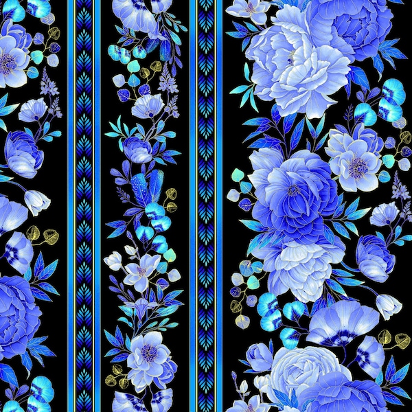 Royal plume black Royal Blue Metallic floral fabric by Chong-a Hwang from Timeless Treasures 100% Cotton by half yard incree CM1562-Bments