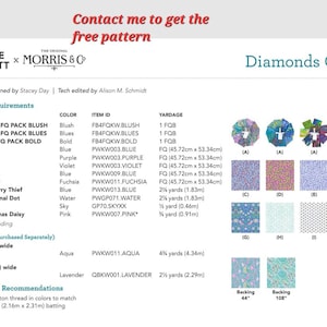 Puede incluir: Un patr&oacute;n de colcha con un dise&ntilde;o de diamante en varios colores, incluyendo azul, morado, rosa, fucsia y aguamarina. El patr&oacute;n se llama "Diamonds Quilt" y fue dise&ntilde;ado por Stacey Day. Los requisitos de tela se enumeran con el color, el ID del art&iacute;culo y el metraje necesario para cada pieza.