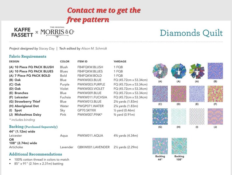 Puede incluir: Un patr&oacute;n de colcha con un dise&ntilde;o de diamante en varios colores, incluyendo azul, morado, rosa, fucsia y aguamarina. El patr&oacute;n se llama "Diamonds Quilt" y fue dise&ntilde;ado por Stacey Day. Los requisitos de tela se enumeran con el color, el ID del art&iacute;culo y el metraje necesario para cada pieza.