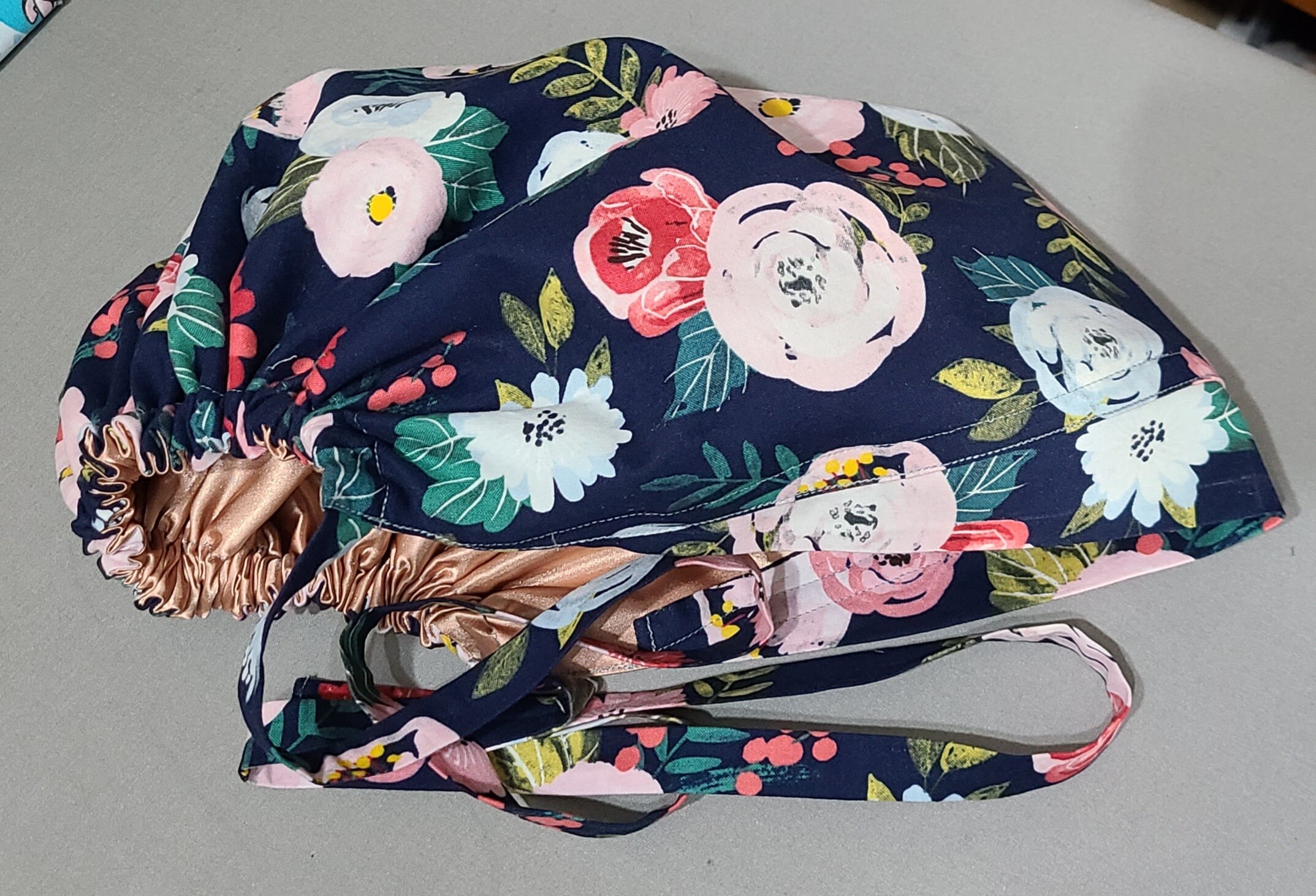 Satine Lined Scrub Hat Pink Blooms on Navy Scrub Cap Surgical | Etsy