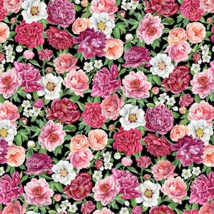 May include: A watercolor floral pattern featuring pink, white, and red peonies and other flowers on a black background.