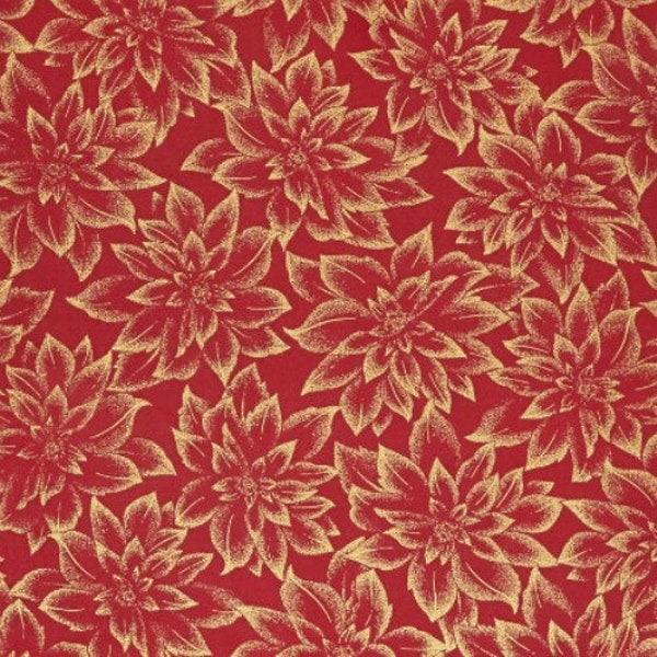 Robert Kaufman Fabrics Holiday Flourish Packed Poinsettia Blooms Metallic gold 18344 RED Cotton
