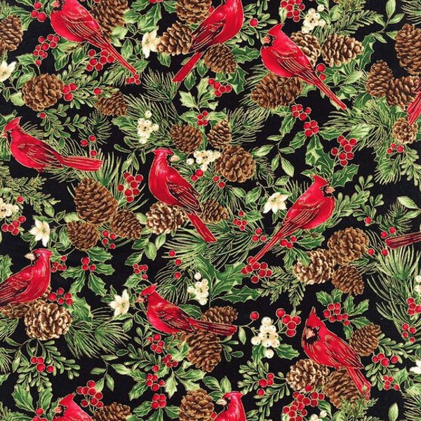 Hi Fashion Metallic Cardinals on Black Christmas fabric 100% cotton