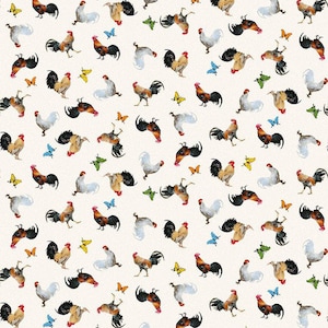 Break of Dawn Chickens, Roosters, And Butterflies  Blank Quilting 2609-41 Ivory  by Sinead Jones 100% quilting cotton fabric