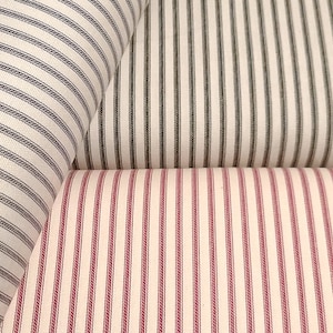 Ticking Stripe black, blue, and red 100% cotton 1/4 inch repeat 54&quot; width 6oz half yard by the yard